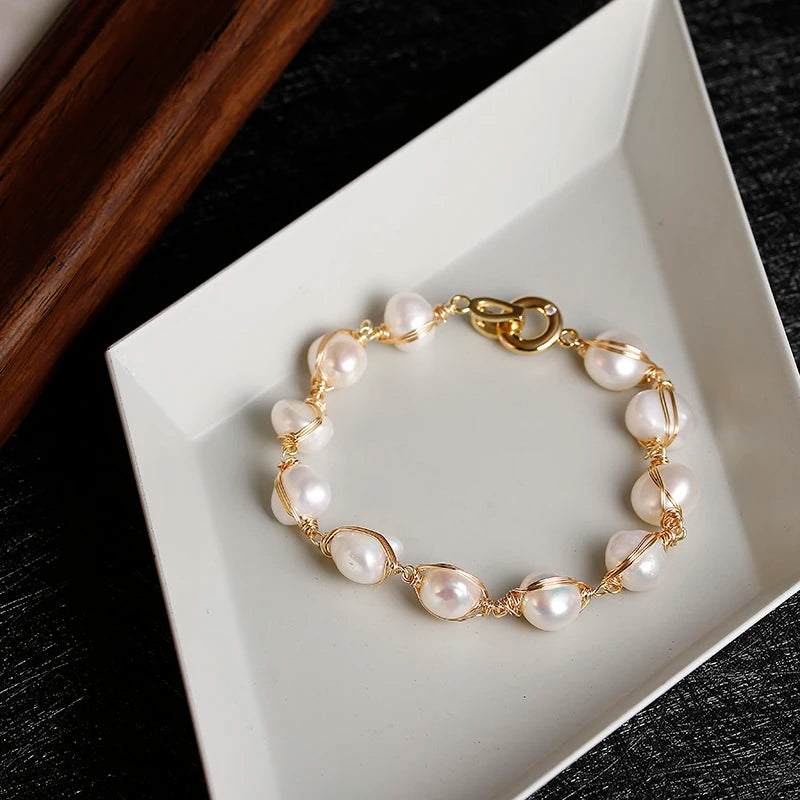 luckacco original handmade 14k gold filled baroque natural freshwater pearl ladies bracelet promotion jewelry for women birthday gift