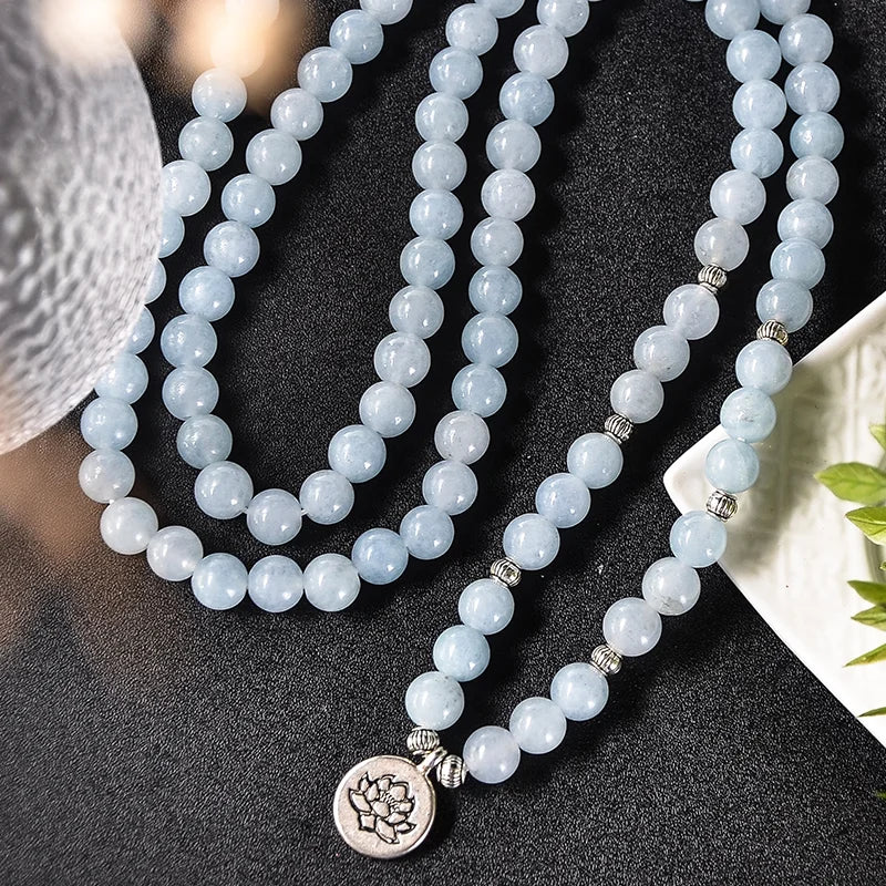 luckacco 108 8mm aquamarine beaded elastic cord wrap mala bracelet meditation yoga healing jewelry women charm rosary lotus bangle