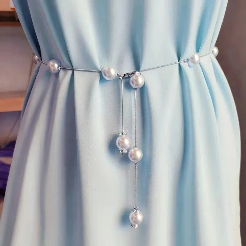 luckacco ladies versatile, beautiful pearl chain, thin waistband, versatile dress waist chain