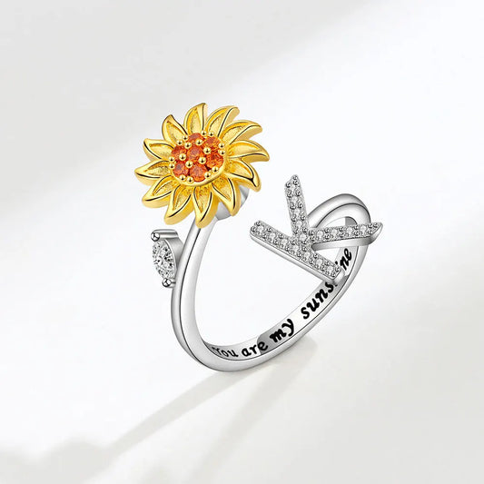 Luckacco Rotating Sunflower Initial Letter Rings For Women Anti Anxiety Spinner You Are My Sunshine Stainless Steel Ring Birthday Jewelry