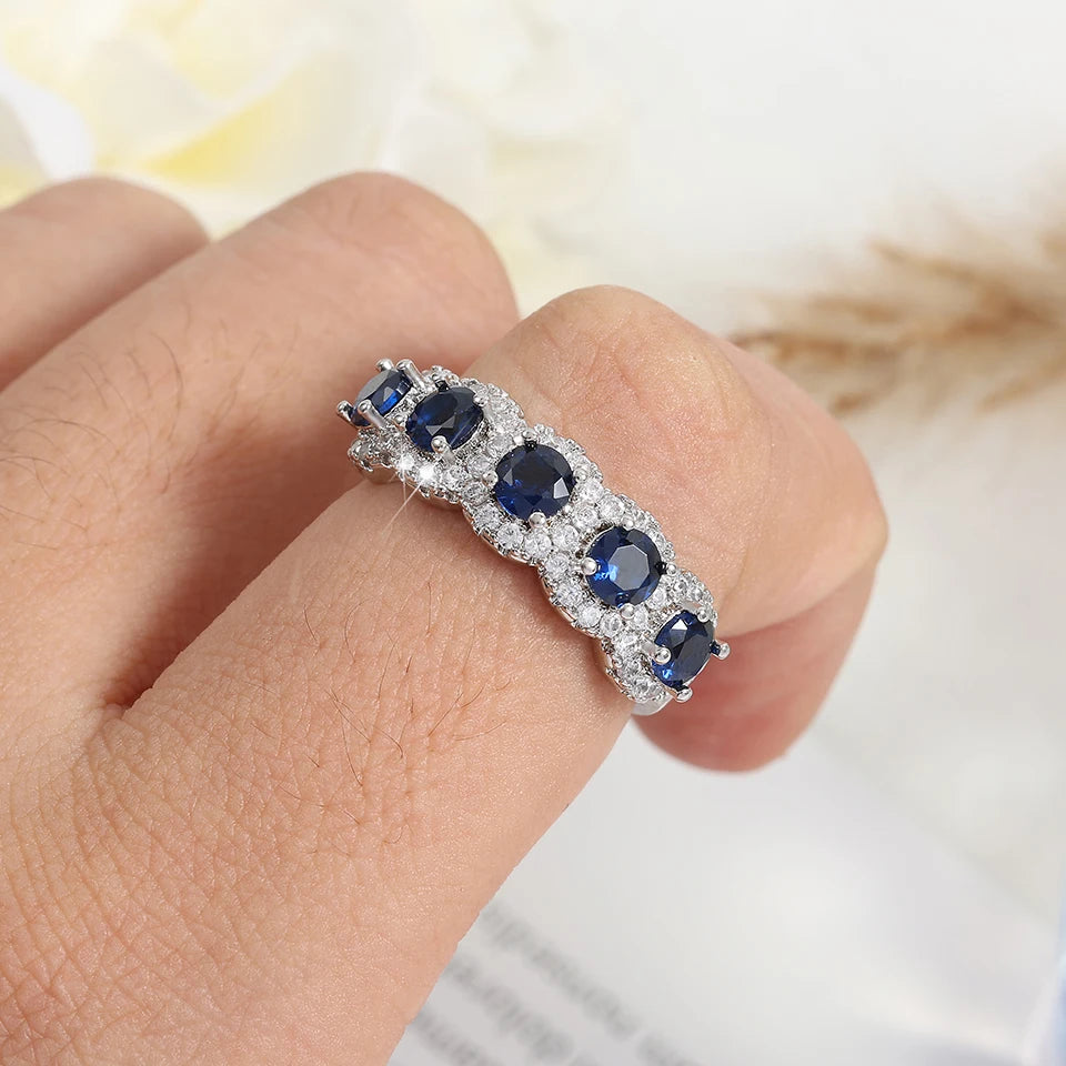 luckacco picksclassic blue cubic zirconia round copper rings for women girls silver color metal crystal fingers accessories jewelry gifts