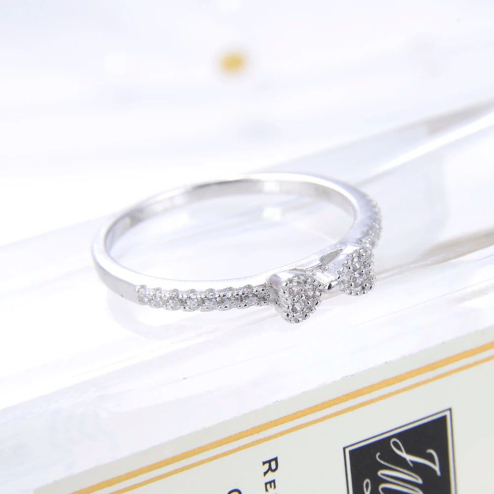 luckacco elegant 925 sterling silver bow shape ring round zircon diamant band lightweight accessories women classic jewelry