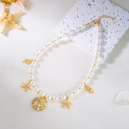 Luckacco Trendy Boho Imitation Pearl Metal Necklace Pendant for Women Ocean Shell Starfish Conch Choker Necklace Beach Jewelry Gift