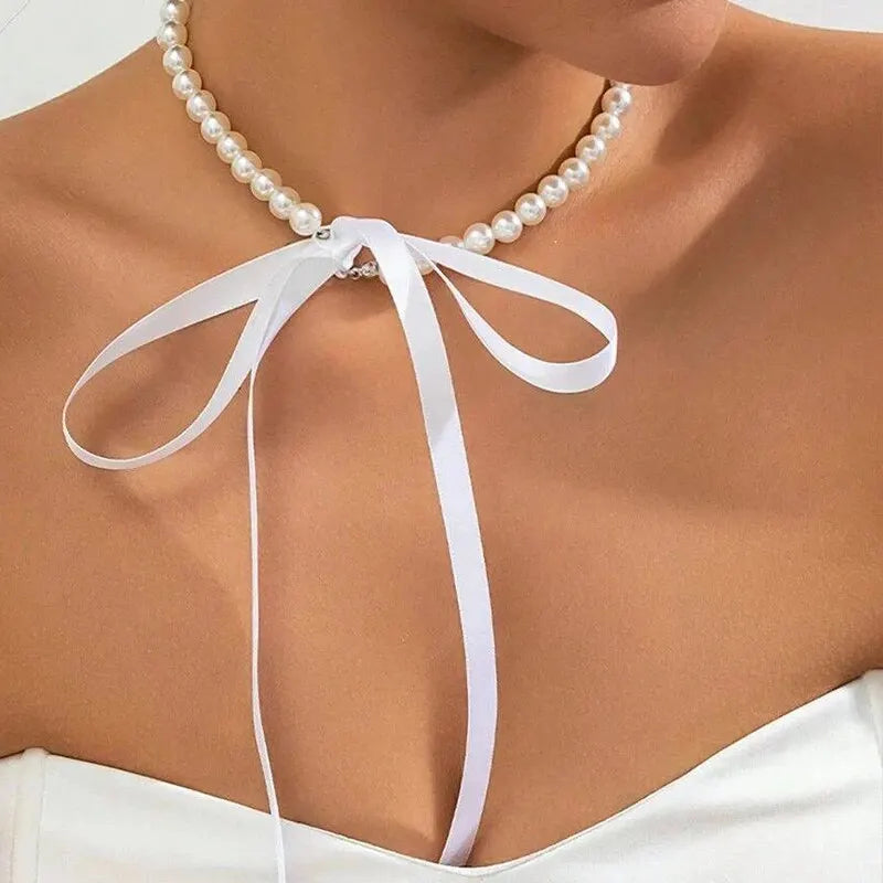 luckacco exquisite imitation pearl choker necklace fashionable bow tie lace up velalvet necklace personality simple jewelry for woman