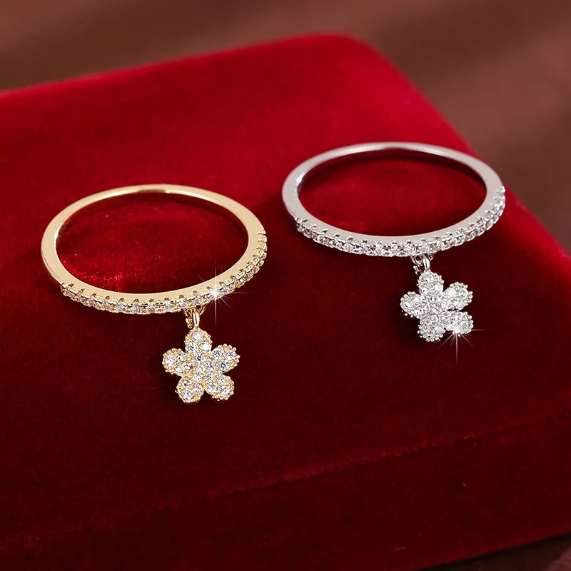 luckacco fashion gracefully synthetic zirconia women's ring with delicate five-leaf flower pendant