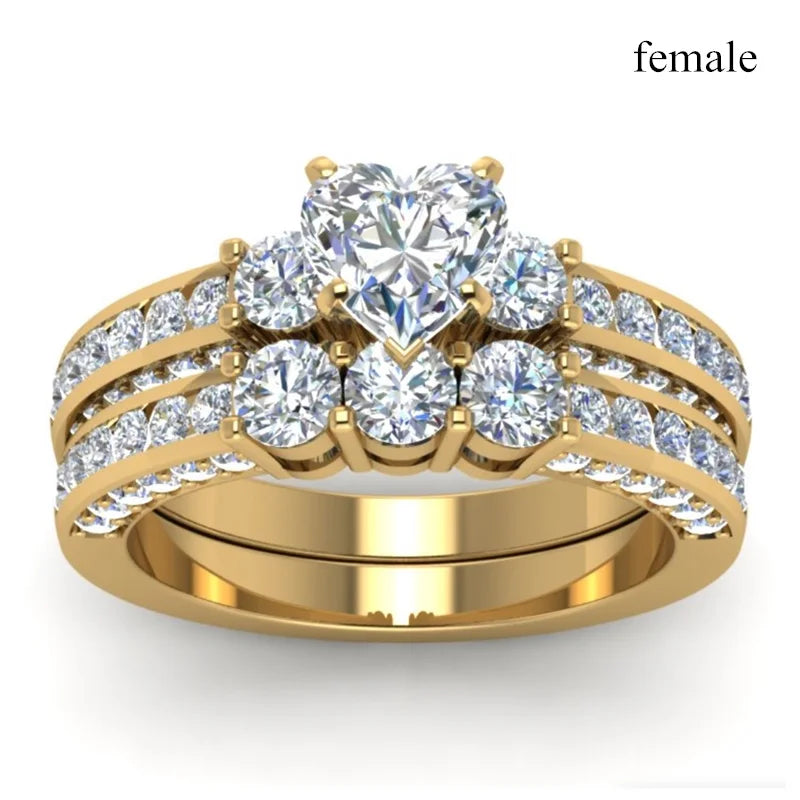 luckacco fashion couple rings romantic white rhinestones cz women rings set simpe men's stainless steel rings for couple wedding jewelry