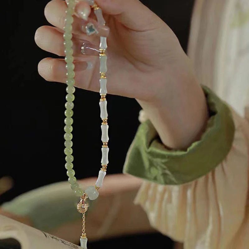 luckacco hetian jade bamboo knot bracelet - neo-chinese vintage style premium gold silk jade pumpkin bead handchain