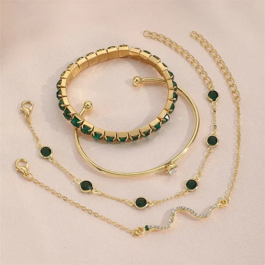 Luckacco 4Pcs/Set Fashion Snake Green Gemstone Bangle Rhinestone Full Metal Bracelets For Women Birthday Party Wedding Jewerly Gifts