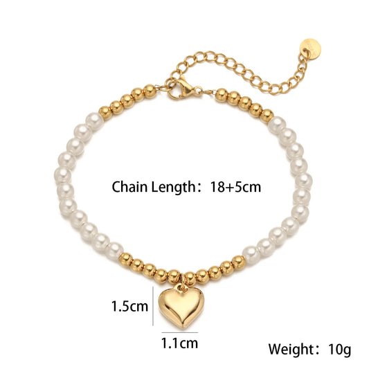 Luckacco NEWBUY High Quality Non-Fading Stainless Steel Jewelry Trendy Gold Color Heart Pearl Charm Bracelet For Women Gift