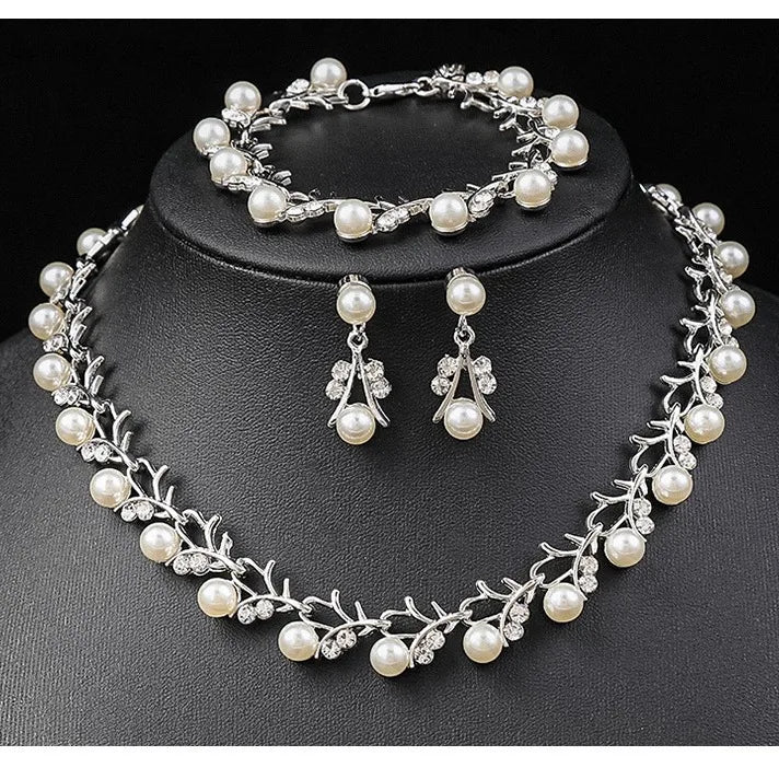 luckacco korean pearl necklace earring set bridal dress jewellery woman accessories fashion small fresh alloy three piece  jewelry sets