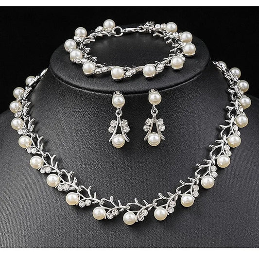 Luckacco Korean Pearl Necklace Earring Set Bridal Dress jewellery woman Accessories Fashion Small Fresh Alloy Three Piece  jewelry sets