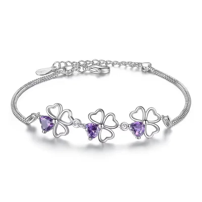 luckacco new fine 925 sterling silver purple crystal lucky clover bracelets for women fashion party wedding accessories jewelry 17cm+4cm