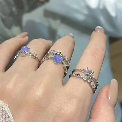Luckacco New Y2K Crystal Rings Kpop Heart Adjustable Ring Irregular Geometry Punk Vintage Rings Set for Women Girls 2025 Fashion Jewelry