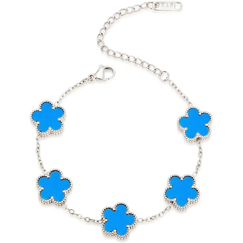 luckacco 14k gold plated five-leaf clover link bracelets white black blue gold red green lucky bracelets jewelry gifts trendy for women