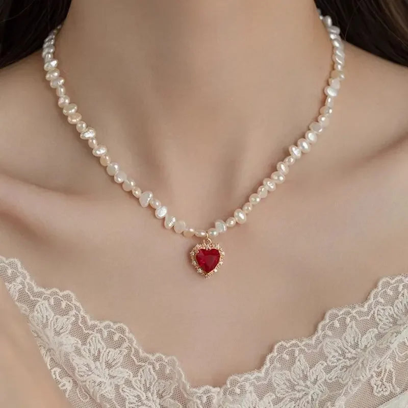luckacco hot sale irregular freshwater pearl red cz zircon heart pendant necklaces for women 14k real gold plated copper choker