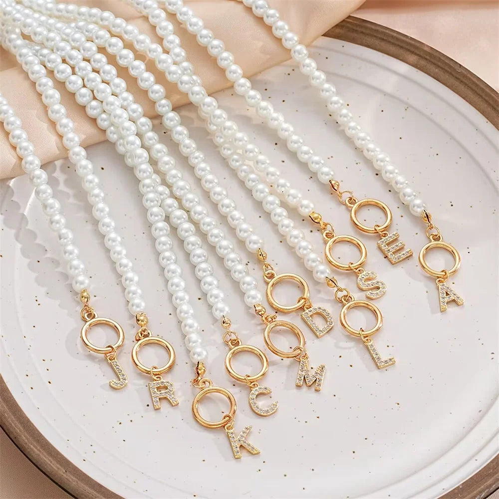 luckacco plastic pearl chain obuckle necklace set with crystal  26 letter pendant collarbone chain name necklace
