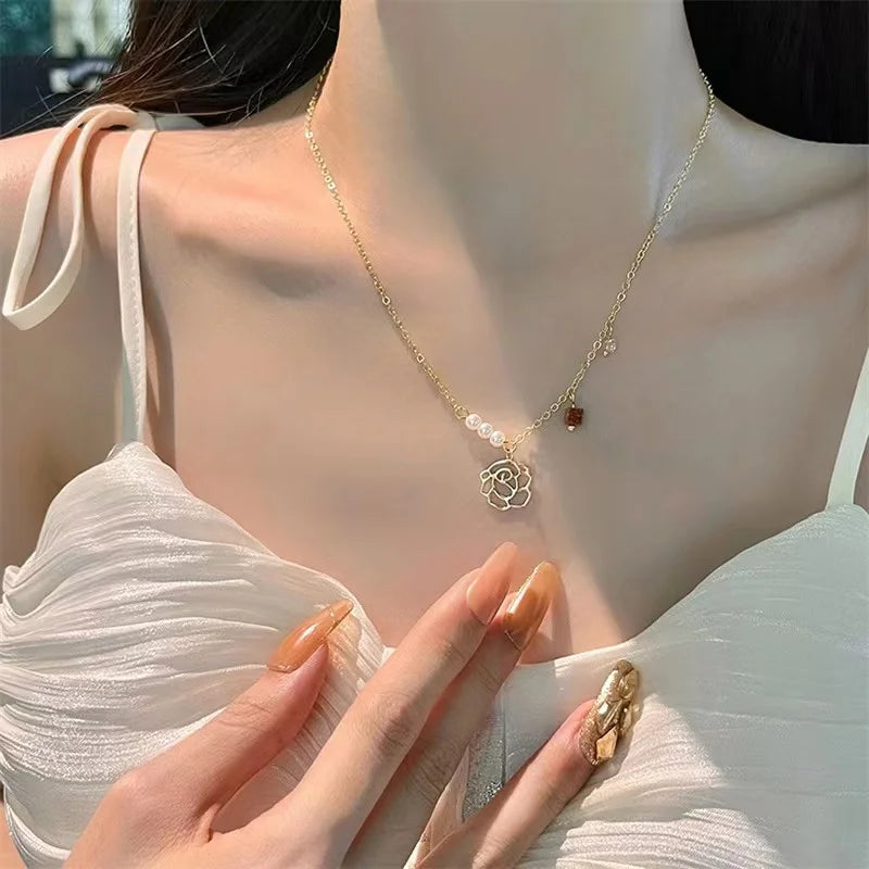 luckacco 2023 new fashion trend unique design delicate vintage zircon flower pearl necklace women jewelry wedding party premium gift