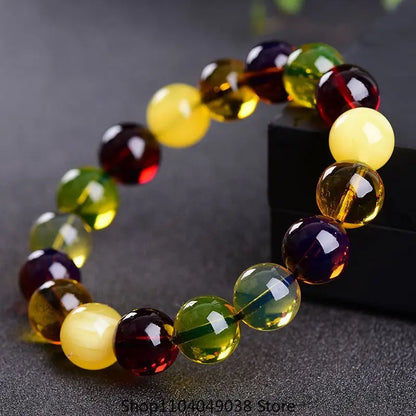 Luckacco Natural Burmese Beeswax Duobao Round Beads Bracelet for Men and Women Raw Ore Amber Single Circle All-match Couple Handstring