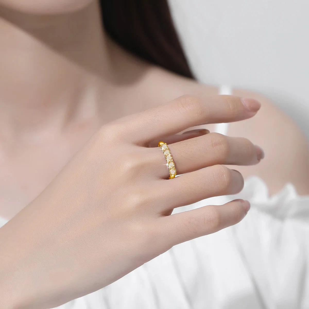 luckacco certified natural original champagne yellow moissanite ring 1.0ct 5 stone wedding band for woman engagement jewelry gift female