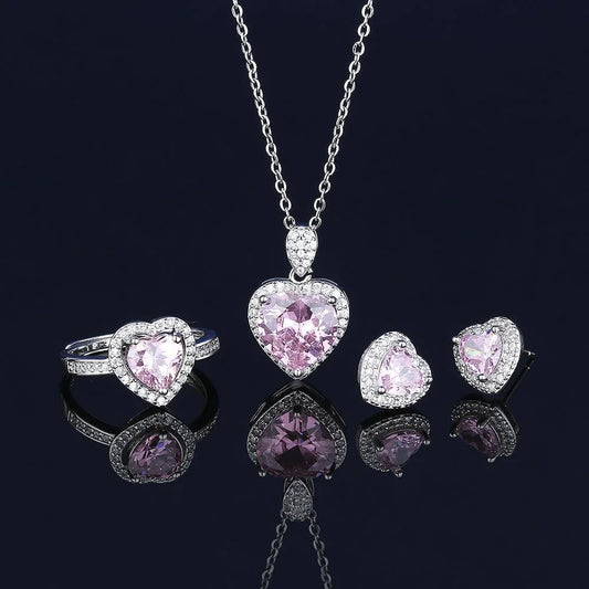 Luckacco 925 Sterling Silver Jewelry Set Heart Shape Pink Crystal Zircon Necklace Earrings Ring Women's Elegant Jewelry
