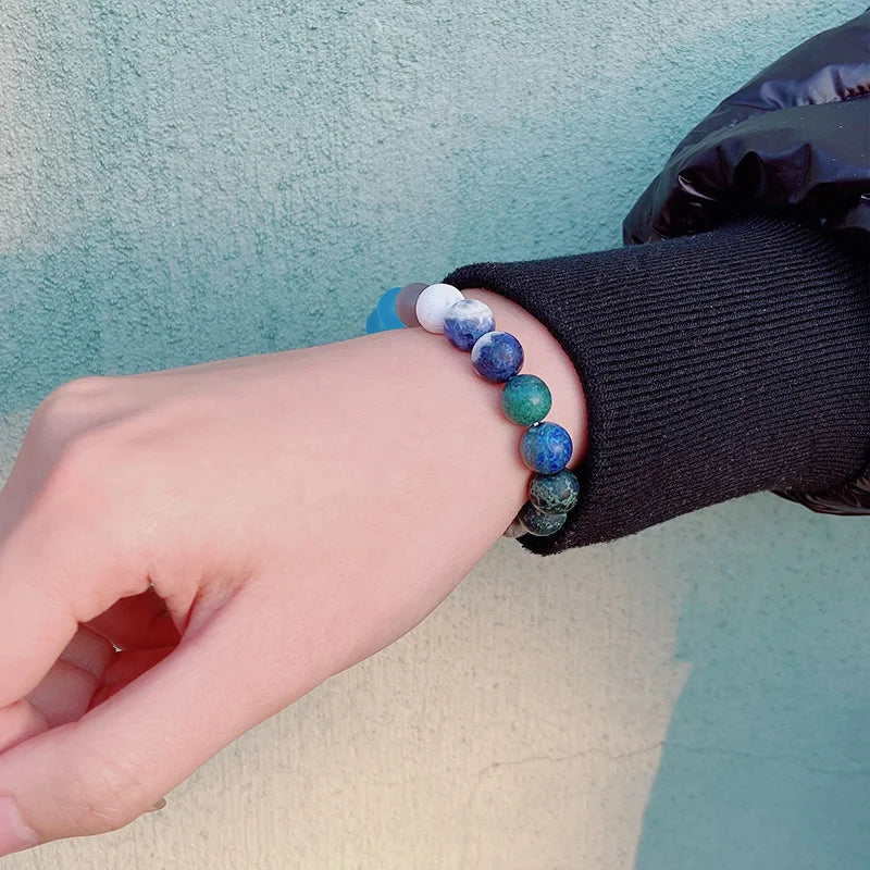 luckacco 2024 new universe galaxy bracelet simple 10mm natural sodalite turquoises stone bead bangle planet solar system earth mars gift