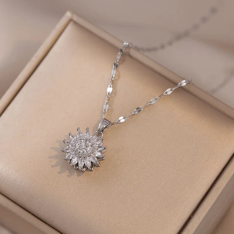 luckacco rotating flower pendant stainless steel chains necklaces for women antique silver color ins white zircon sun clavicle necklace