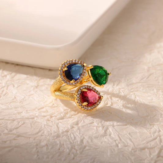 Luckacco Luxury Gemstone Flower Stainless Steel Rings Zircon Adjustable Ring Women Wedding Anti Fading Jewelry Vacation Accessories Gift