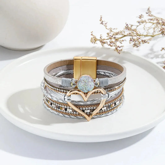 Luckacco New Metal Love Heart Charm Leather Bracelets for Women Fashion Bohemian Rhinestone Resin Wrap Bracelet Bangle Couple Jewelry