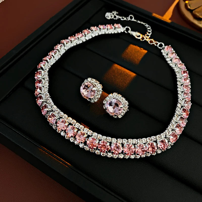 luckacco luxury green rhinestone necklace stud earrings for women crystal choker necklaces ladies fashion weddings banquet jewelry set