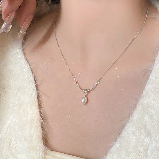 Luckacco New Trendy Fashion 925 Silver Pearl Simple Elegant Thin Chain Pendant Necklace for Women Girl Jewelry Dropship