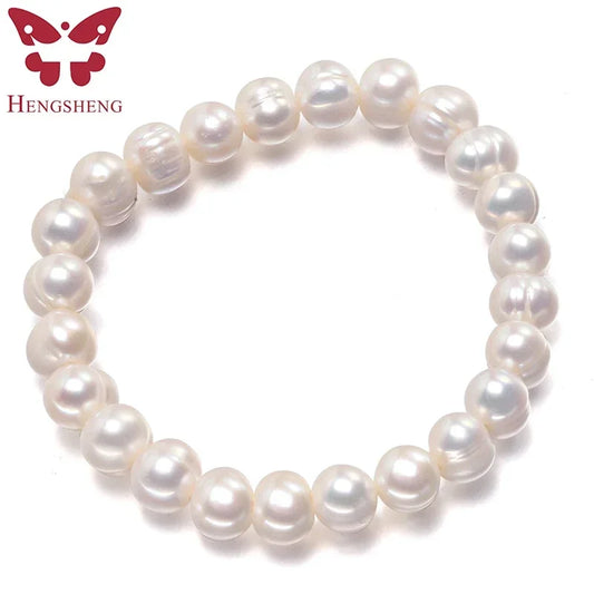 Luckacco HENGSHENG New Arrival White 8-9mm Baroque Natural Freshwater Pearl Strand Bracelet For Women,Fashion Bracelet Girl Birthday Gift