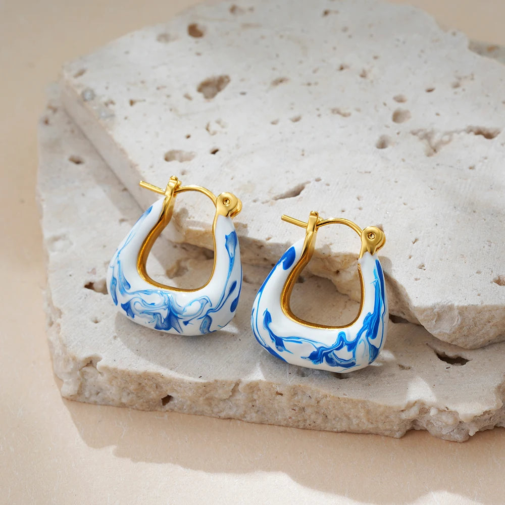 luckacco vintage white&blue flower enamel beads hoop earrings for women gold plated stainless steel huggies earring creative jewelry gift