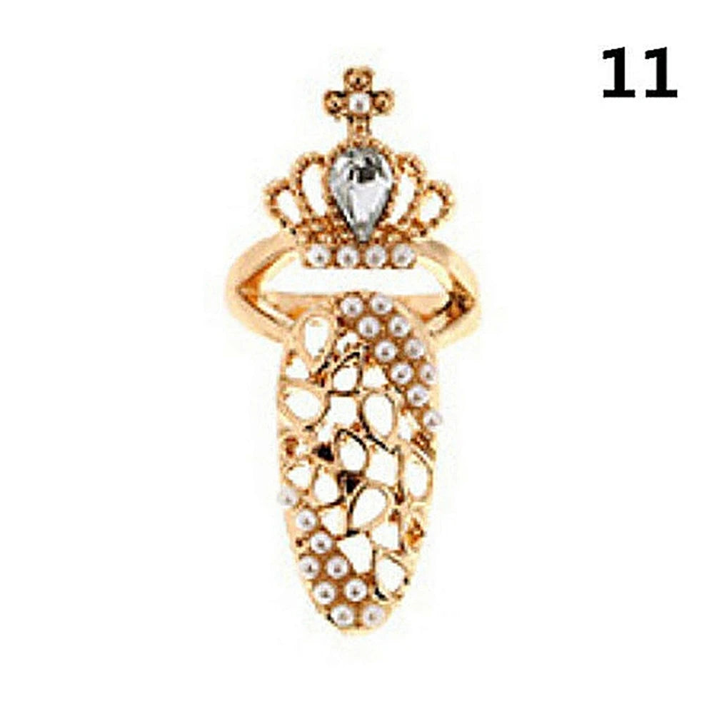 luckacco fashion rhinestone crown flower nail ring adjustable opening gold plated manicure joint ring for women party jewelry
