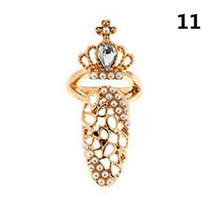 Luckacco Fashion Rhinestone Crown Flower Nail Ring Adjustable Opening Gold Plated Manicure Joint Ring for Women Party Jewelry