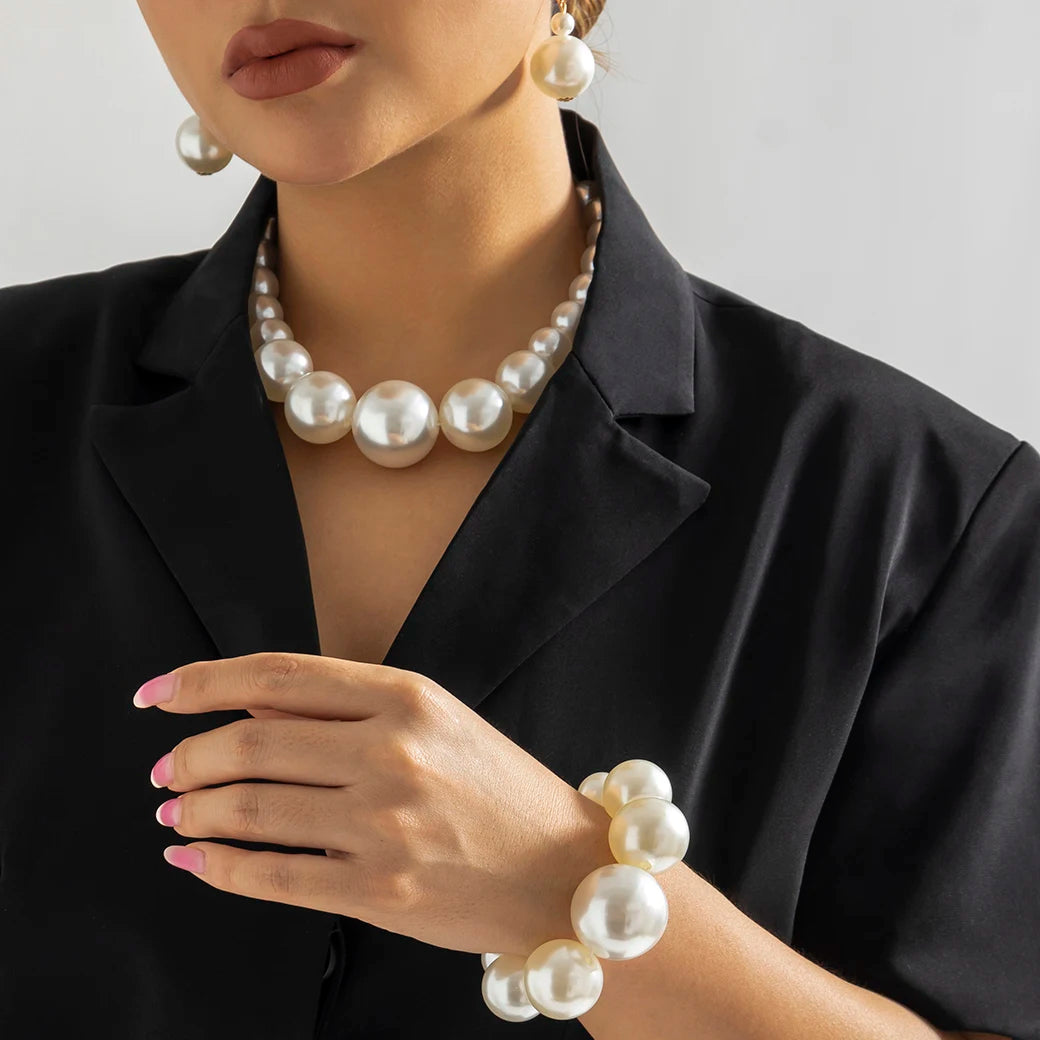 luckacco exaggerated fashion big imitation pearl choker necklace for women wedding bridal temperament bead maxi chain christmas jewelry