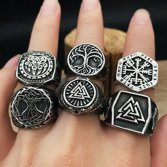 Luckacco Vintage Nordic Viking Ring Stainless Steel Men Ethnic Belief Odin Compass Valknut Tree of Life Ring Amulet Jewelry