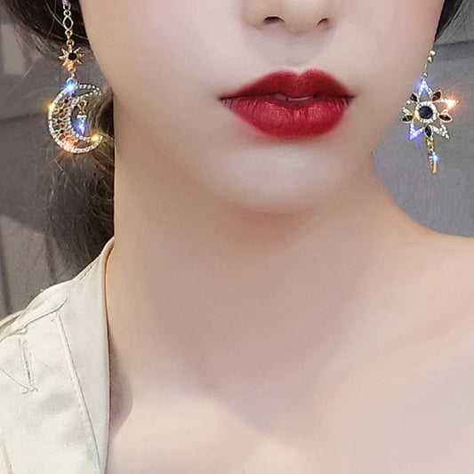Luckacco Elegant Silver Color Asymmetric Star Moon Earrings Long Statement Tassel Sparkling Personalized Earrings Jewelry