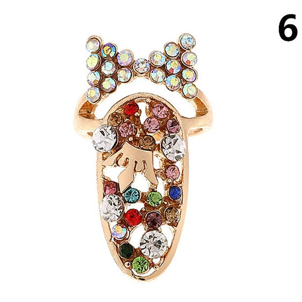 luckacco fashion rhinestone crown flower nail ring adjustable opening gold plated manicure joint ring for women party jewelry