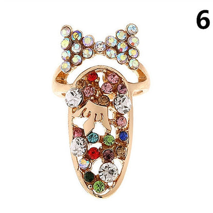 Luckacco Fashion Rhinestone Crown Flower Nail Ring Adjustable Opening Gold Plated Manicure Joint Ring for Women Party Jewelry