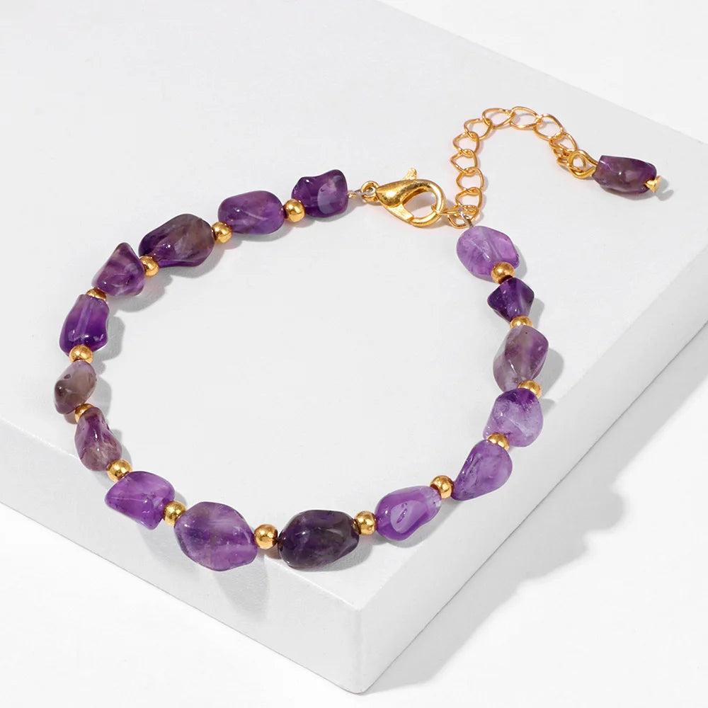 luckacco natural crystal gravel stone bracelets for women healing irregular amethysts lapis lazuli rose quartzs chain bracelet jewelry