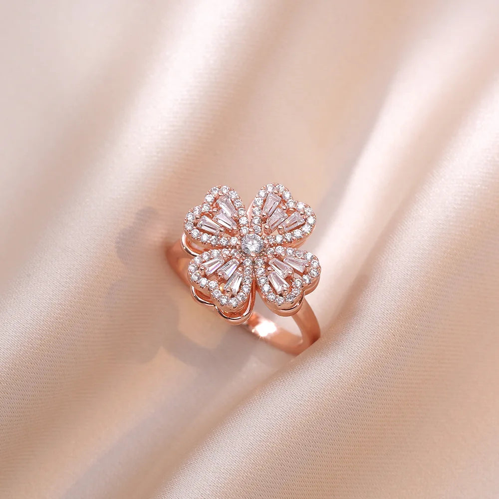 luckacco luxury zircon four-leaf clover rotating ring lucky transfer jewelry gift for children tik tok same style for women for friends