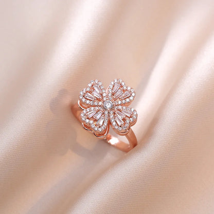 Luckacco Luxury Zircon Four-leaf Clover Rotating Ring Lucky Transfer Jewelry Gift for Children Tik Tok Same Style for Women for Friends