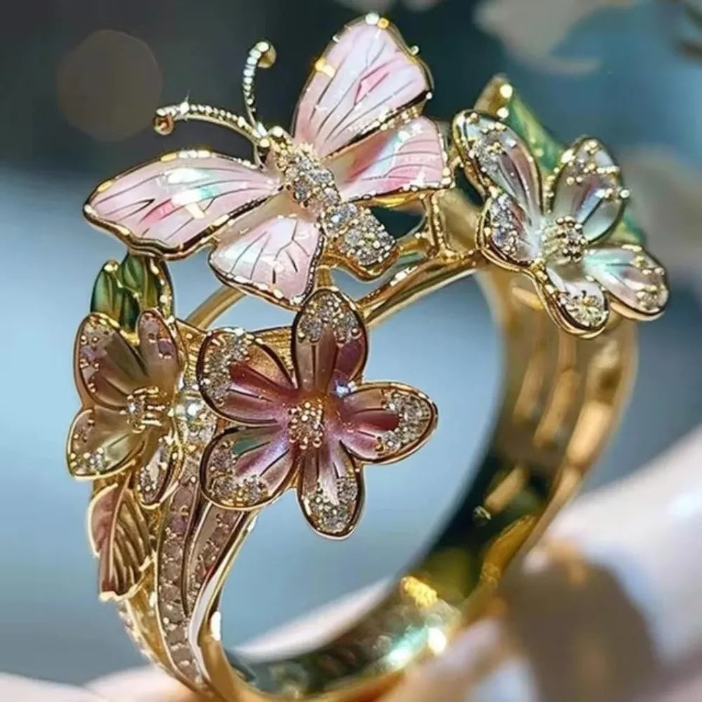 luckacco aesthetic flower butterfly rings for female romantic rhinestone stylish non-fading opening ring women wedding jewelry party gift