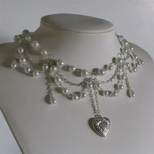 Luckacco Pearl Heart Locket Style Layered Necklace Handmade Y2K Necklace Perfect For Weddings Prom or Victorian/Regency Cosplay Jewelry