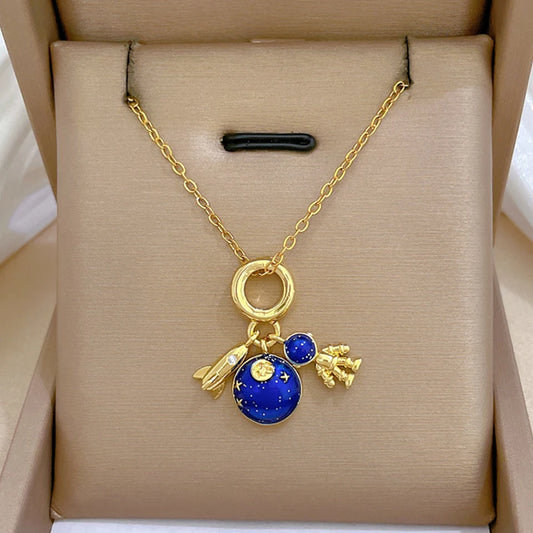 Luckacco Light Luxury Titanium Steel Star Series Necklace for Women Gold Color Planet Moon Astronaut Pendant Necklaces Jewelry Gifts Necklace F