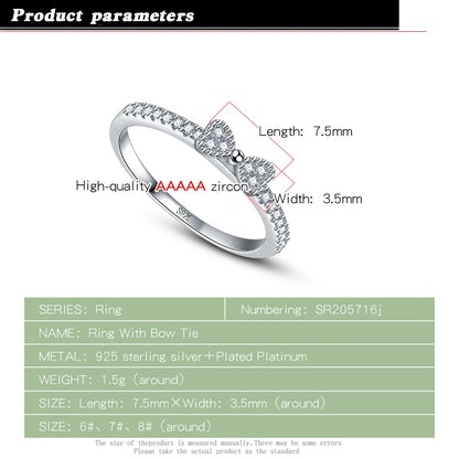 Luckacco Elegant 925 Sterling Silver Bow Shape Ring Round Zircon Diamant Band Lightweight Accessories Women Classic Jewelry