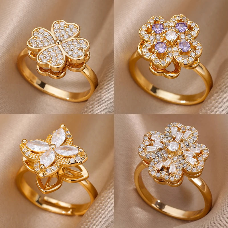 luckacco four clover rotating anxiety rings for women gold color adjustable stainless steel wedding ring aesthetic jewelry gift anillos