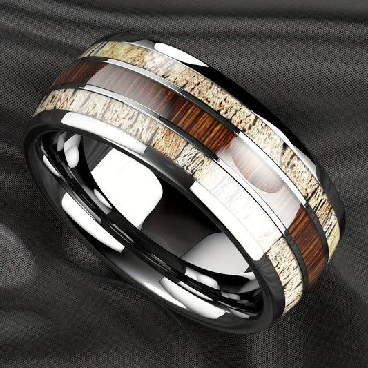 Luckacco Fashion 8mm Men Stainless Steel Rings Silver Color Brushed Deer Antler And Koa Wood Rings for Men Wedding Band Jewelry