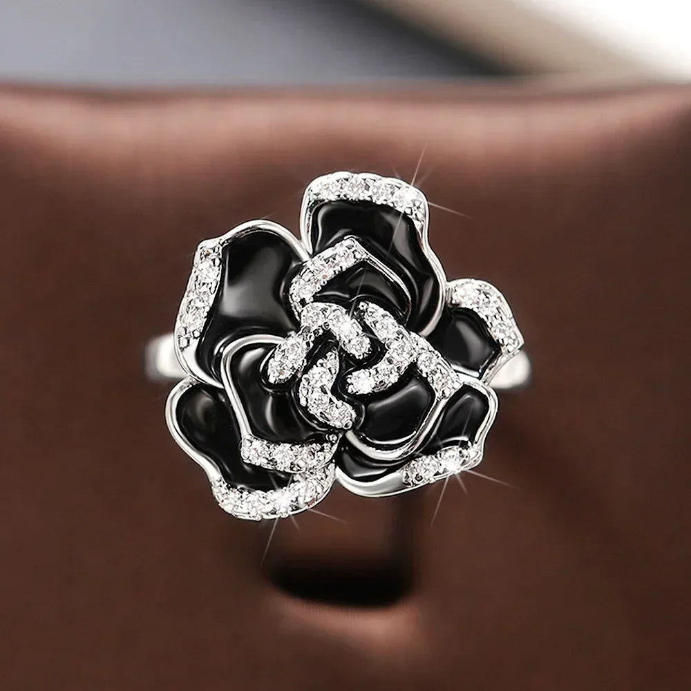 luckacco 2025 new black flower design ring women's anniversary gift, bridal bride with shiny zirconia elegant rhinestone accessories
