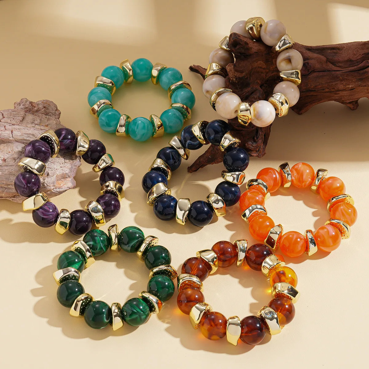 luckacco 7 styles trendy splicing acrylic round beads bracelets bohemian thick irregular resin elastic bangles retro jewelry for women f